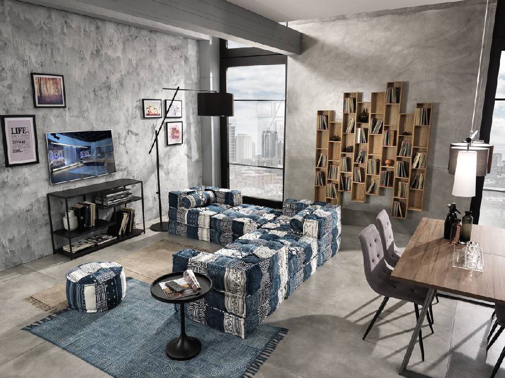 Oresteluchetta Pouf rotondo YANTRA WHITE/BLUE Saldi Di Fabbrica
