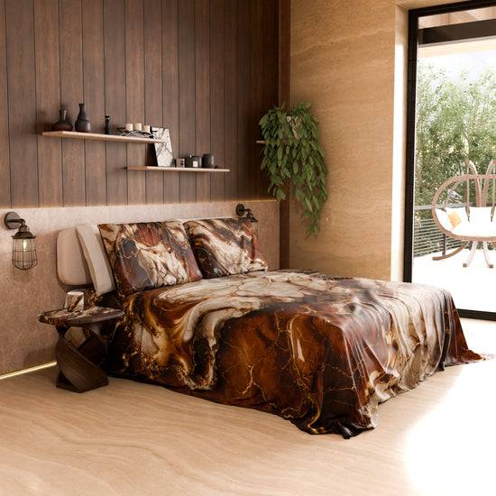 PETTI Lenzuolo Copriletto e Federe Eleganti Effetto Marmo Marrone - MOCHACCINO Economico