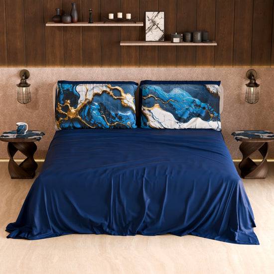 PETTI Lenzuolo Copriletto e Federe Eleganti Effetto Marmo Blu Notte - NAVYGLO In Vendita