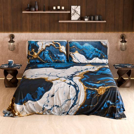 PETTI Lenzuolo Copriletto e Federe Eleganti Effetto Marmo Blu Notte - NAVYGLO In Vendita