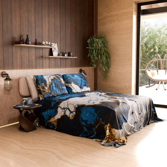 PETTI Lenzuolo Copriletto e Federe Eleganti Effetto Marmo Blu Notte - NAVYGLO In Vendita