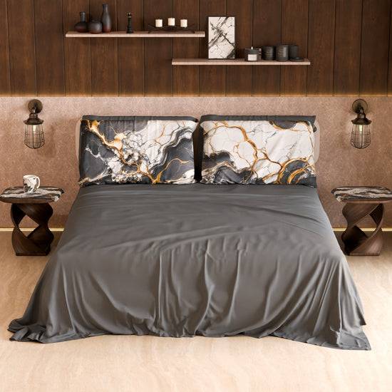 PETTI Lenzuolo Copriletto e Federe Eleganti Effetto Marmo Grigio Scuro - SMOKITE Vendita Calda