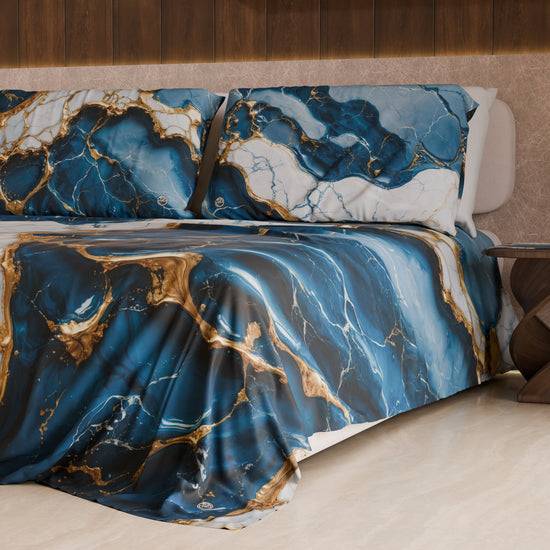 PETTI Lenzuolo Copriletto e Federe Eleganti Effetto Marmo Blu Oceano - OCEAGLINT Vendite Flash