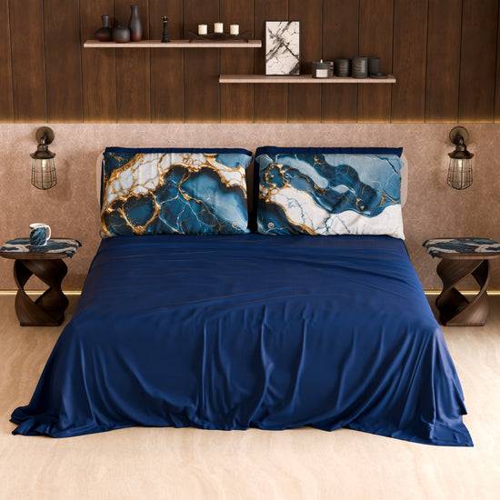 PETTI Lenzuolo Copriletto e Federe Eleganti Effetto Marmo Blu Oceano - OCEAGLINT Vendite Flash