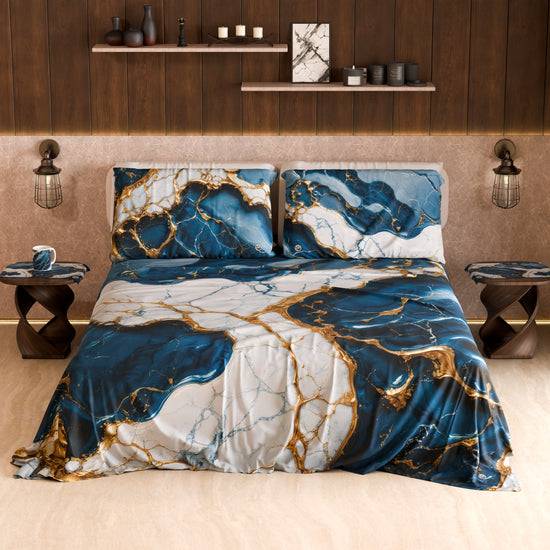 PETTI Lenzuolo Copriletto e Federe Eleganti Effetto Marmo Blu Oceano - OCEAGLINT Vendite Flash