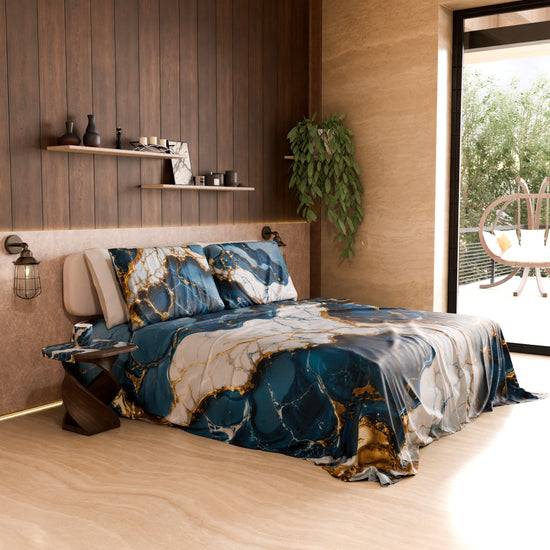 PETTI Lenzuolo Copriletto e Federe Eleganti Effetto Marmo Blu Oceano - OCEAGLINT Vendite Flash