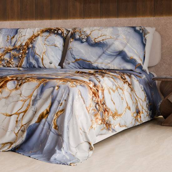 PETTI Lenzuolo Copriletto e Federe Eleganti Effetto Marmo Indaco - PERIWINKY In Saldo