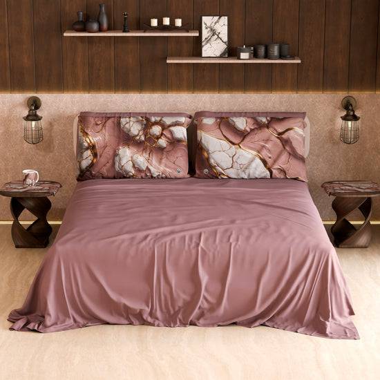 PETTI Lenzuolo Copriletto e Federe Eleganti Effetto Marmo Malva - MAUVELUXE Nuova