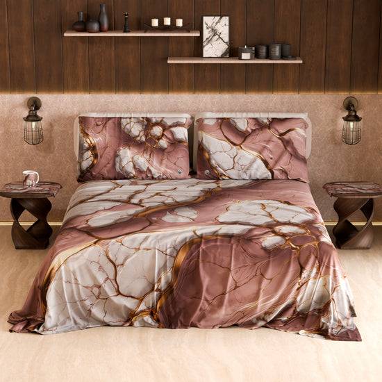 PETTI Lenzuolo Copriletto e Federe Eleganti Effetto Marmo Malva - MAUVELUXE Nuova