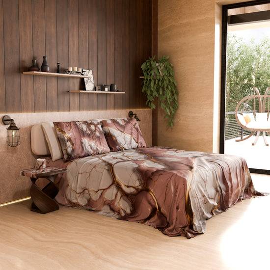 PETTI Lenzuolo Copriletto e Federe Eleganti Effetto Marmo Malva - MAUVELUXE Nuova