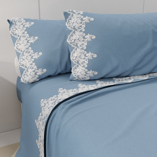 PETTI Lenzuola Percalle con Pizzo, Lenzuola Matrimoniali Cotone Azzurro Offerta
