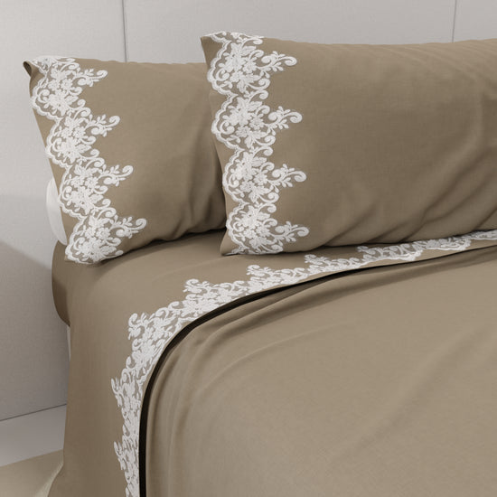 PETTI Lenzuola Percalle con Pizzo, Lenzuola Matrimoniali Cotone Tortora Online