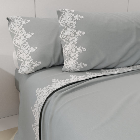 PETTI Lenzuola Percalle con Pizzo, Lenzuola Matrimoniali Cotone Grigio In Vendita