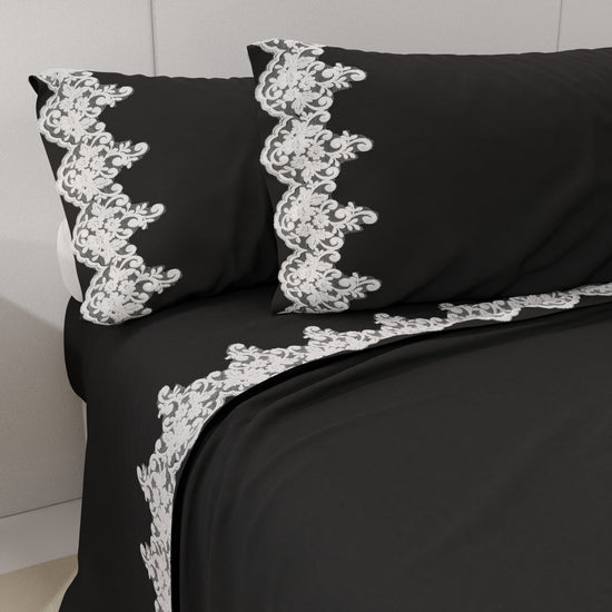 PETTI Lenzuola Percalle con Pizzo, Lenzuola Matrimoniali Cotone Nero Saldi