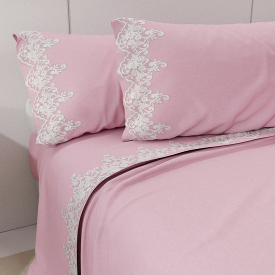 PETTI Lenzuola Percalle con Pizzo, Lenzuola Matrimoniali Cotone Rosa Online
