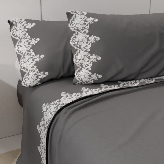 PETTI Lenzuola Percalle con Pizzo, Lenzuola Matrimoniali Cotone Grigio Fumo Hotsell