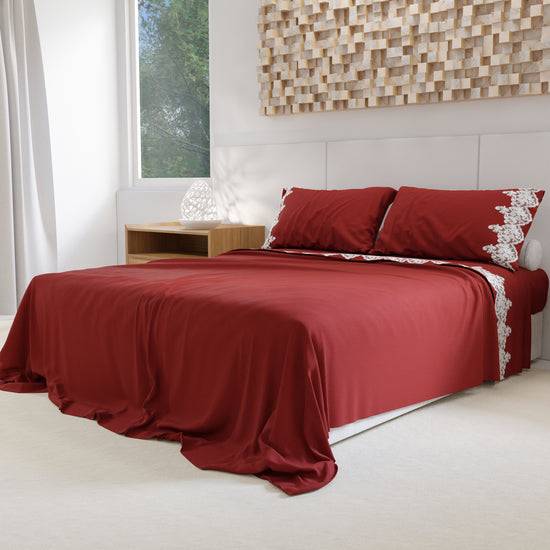 PETTI Lenzuola Percalle con Pizzo, Lenzuola Matrimoniali Cotone Bordeaux Vendita Calda