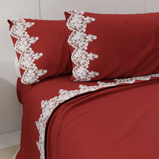 PETTI Lenzuola Percalle con Pizzo, Lenzuola Matrimoniali Cotone Bordeaux Vendita Calda