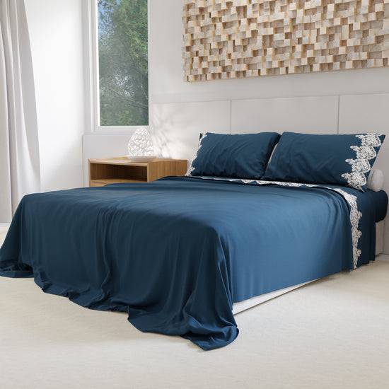 PETTI Lenzuola Percalle con Pizzo, Lenzuola Matrimoniali Cotone Blu Marino Vendita Economica