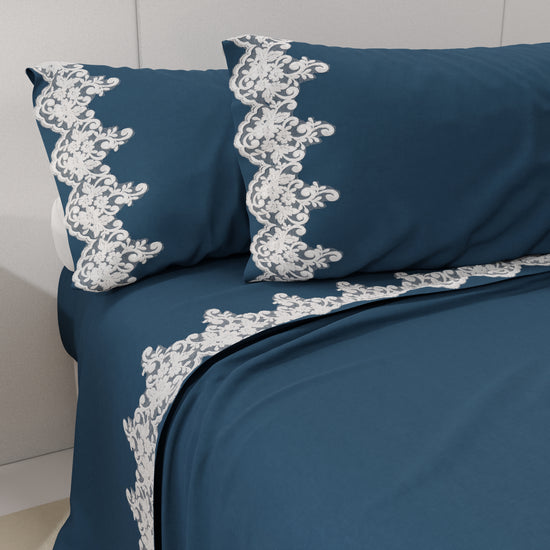 PETTI Lenzuola Percalle con Pizzo, Lenzuola Matrimoniali Cotone Blu Marino Vendita Economica