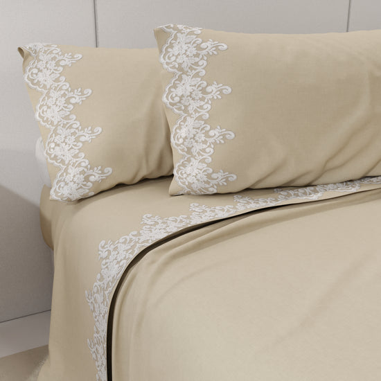PETTI Lenzuola Percalle con Pizzo, Lenzuola Matrimoniali Cotone Beige I Più Venduti