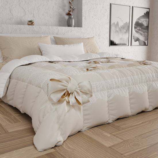 PETTI Piumone, Trapunta Matrimoniale, Singola, Piazza e Mezza, Fiocco Beige Promozione temporanea