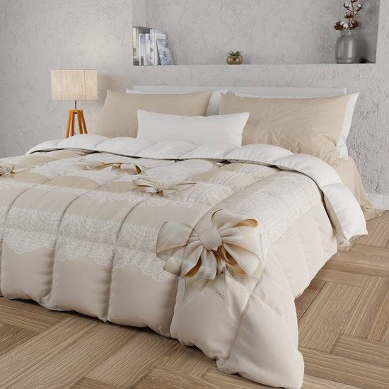 PETTI Piumone, Trapunta Matrimoniale, Singola, Piazza e Mezza, Fiocco Beige Promozione temporanea