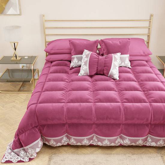 PETTI Trapunta Invernale in Morbido e Caldo Velluto e Balza con Pizzo Rebrodè Fucsia By Sissy Consegna Veloce