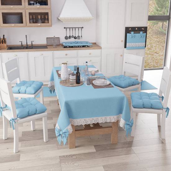 PETTI Tovaglia da Tavola Shabby Chic Copritavolo con Pizzo e Fiocchi Celeste Vendita Economica