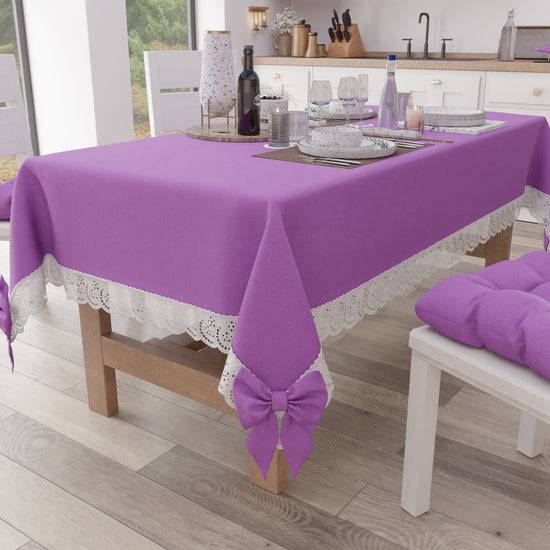 PETTI Tovaglia da Tavola Shabby Chic Copritavolo con Pizzo e Fiocchi Lilla Saldi Di Fabbrica