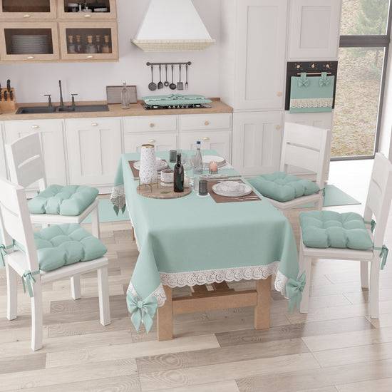 PETTI Tovaglia da Tavola Shabby Chic Copritavolo con Pizzo e Fiocchi Verde Acqua Negozio