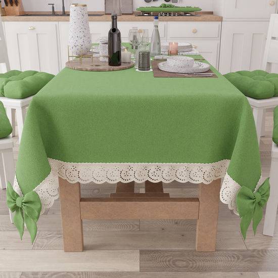 PETTI Tovaglia da Tavola Shabby Chic Copritavolo con Pizzo e Fiocchi Verde In Saldo
