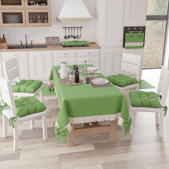 PETTI Tovaglia da Tavola Shabby Chic Copritavolo con Pizzo e Fiocchi Verde In Saldo