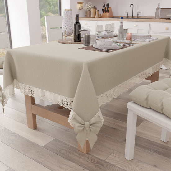 PETTI Tovaglia da Tavola Shabby Chic Copritavolo con Pizzo e Fiocchi Beige Spedizione gratuita