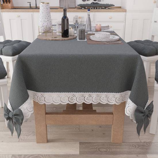 PETTI Tovaglia da Tavola Shabby Chic Copritavolo con Pizzo e Fiocchi Grigio Scuro Prezzo di fabbrica