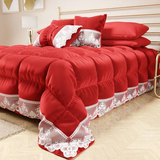 PETTI Trapunta Invernale in Morbido e Caldo Velluto e Balza con Pizzo Rebrodè Rosso By Sissy Sconto di tempo limitato