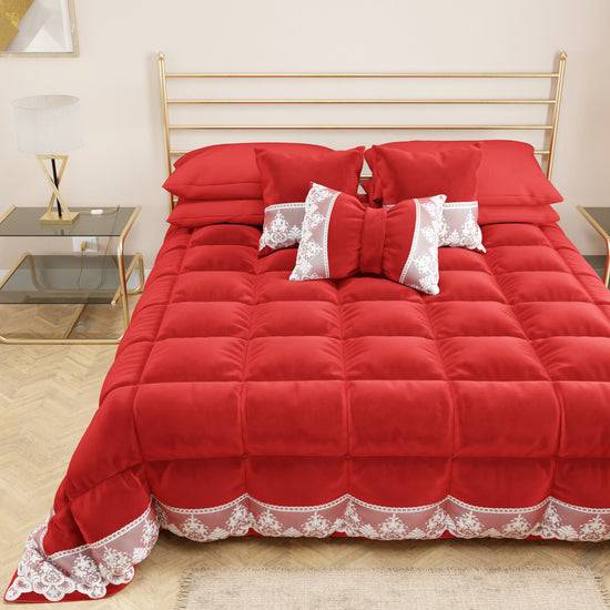 PETTI Trapunta Invernale in Morbido e Caldo Velluto e Balza con Pizzo Rebrodè Rosso By Sissy Sconto di tempo limitato
