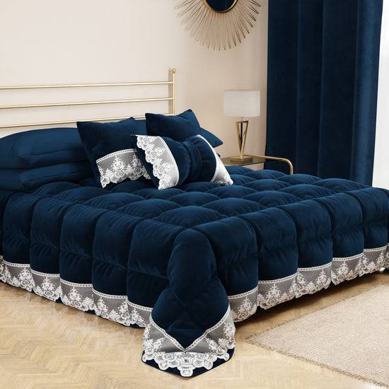 PETTI Cuscini Arredo in Velluto e Balza con Pizzo Rebrodè 2pz, Cuscini divano Blu By Sissy Sostegno trimestrale