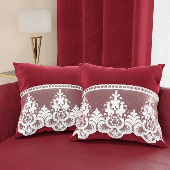 PETTI Cuscini Arredo in Velluto e Balza con Pizzo Rebrodè 2pz, Cuscini divano Bordeaux By Sissy Super sconto
