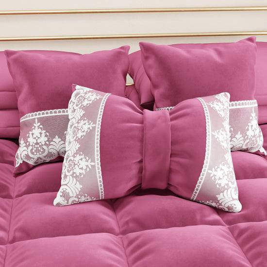 PETTI Cuscino Arredo Fiocco in Velluto e Balza con Pizzo Rebrodè 40x50 cm, Cuscino divano Fucsia By Sissy Italia