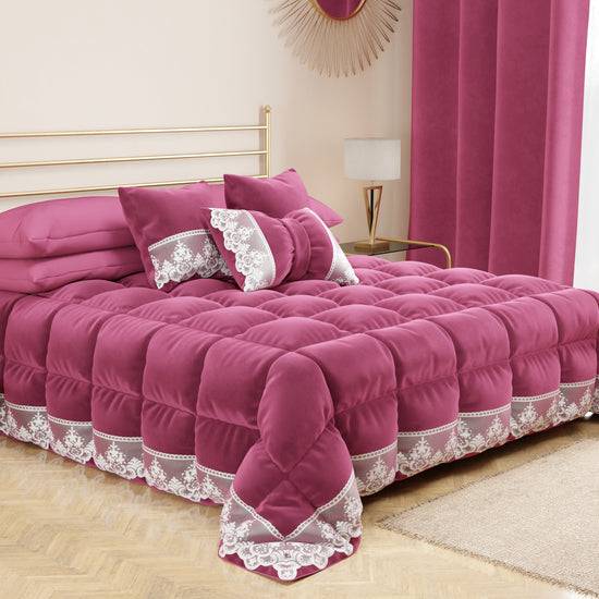 PETTI Cuscino Arredo Fiocco in Velluto e Balza con Pizzo Rebrodè 40x50 cm, Cuscino divano Fucsia By Sissy Italia