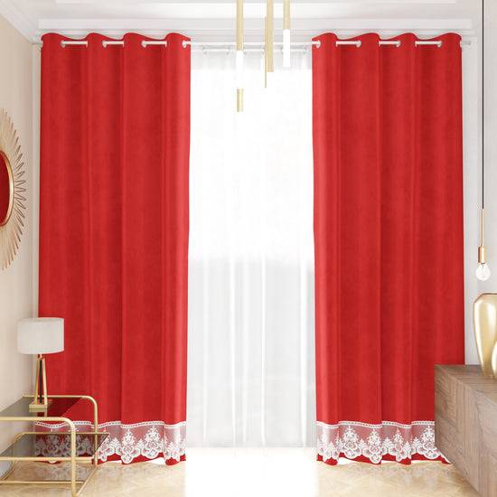 PETTI Tenda a Pannello in Velluto per Interni con Anelli e Pizzo Rebrodè, 140x280 cm, Rosso by Sissy Online Outlet