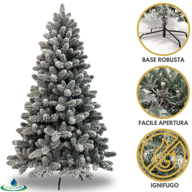 Leroymerlin Albero di Natale Innevato Acquaverde Folto e Realistico Rami con Apertura ad Ombrello Ignifugo In PVC Verde e Bianco con Base in Metallo 210 cm Qualità