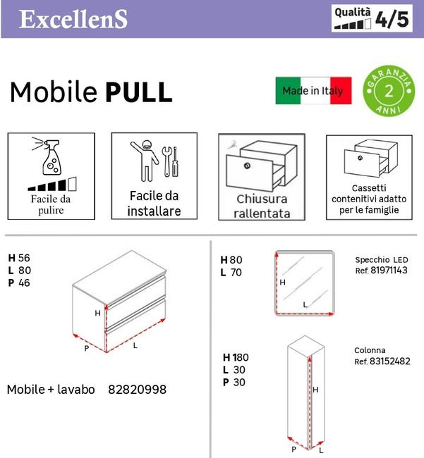 Leroymerlin Mobile sottolavabo e lavabo Pull bianco opaco in mdf L 80 x H 56 x P 46 cm 2 cassetti Sottocosto