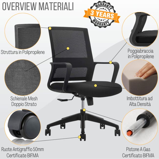 Leroymerlin Sedia Ufficio Ergonomica Supporto Lombare Regolabile e Traspirante - Nero Vendita calda