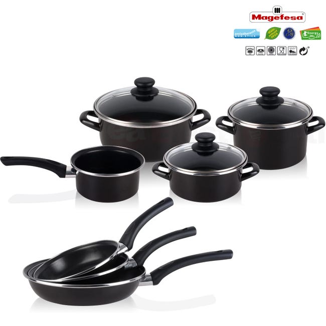 Leroymerlin Batteria da Cucina Induzione Set Pentole 7 Pezzi e 3 Padelle Coperchi in Vetro Magefesa Nero KENIA Enormi risparmi