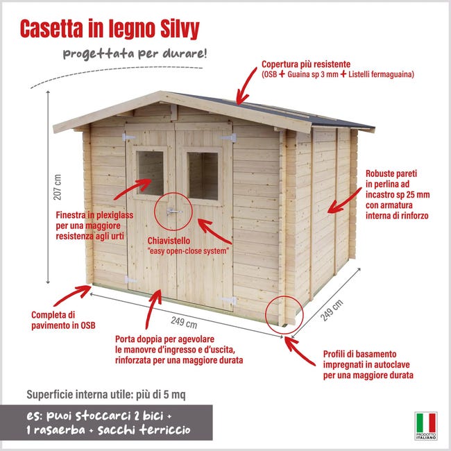 Leroymerlin Casetta da giardino in legno Silvy Bh25 249x249 cm Pefc Legno grezzo con porta doppio battente superficie totale 6.2 m² e spessore parete 25 mm Offerta settimanale