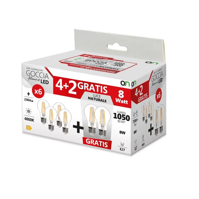 Leroymerlin Set da 6 lampadine Goccia Filament Led X6 LED filamento E27 goccia trasparente 8W= 360° Promozione Limitata