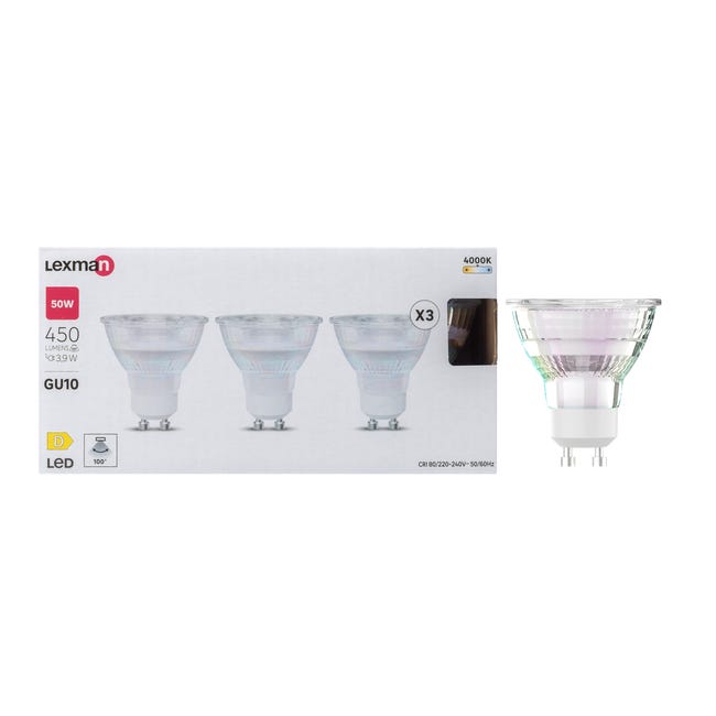 Leroymerlin Set da 3 lampadine LED GU10 faretto trasparente luce naturale 3.9W= 450LM (equiv 50 W) 100° LEXMAN