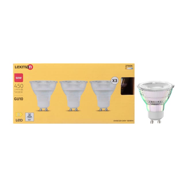 Leroymerlin Set da 3 lampadine LED GU10 faretto trasparente luce calda 3.9W= 450LM (equiv 50 W) 100° LEXMAN Affare Del Giorno